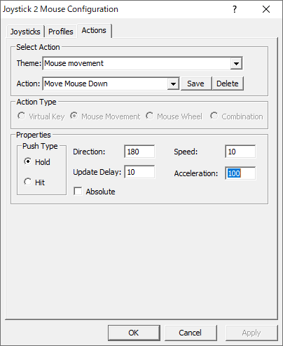 Joystick 2 Mouse Configuration : Actions tab マウススピード