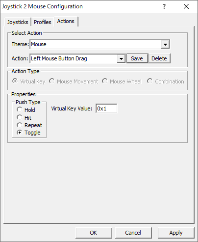 Joystick 2 Mouse Configuration : Actions tab