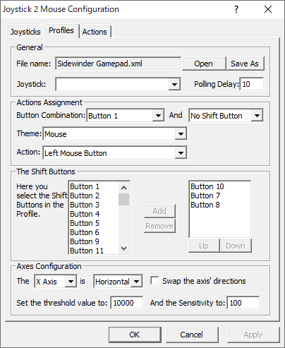 Joystick 2 Mouse Configuration : Profiles tab