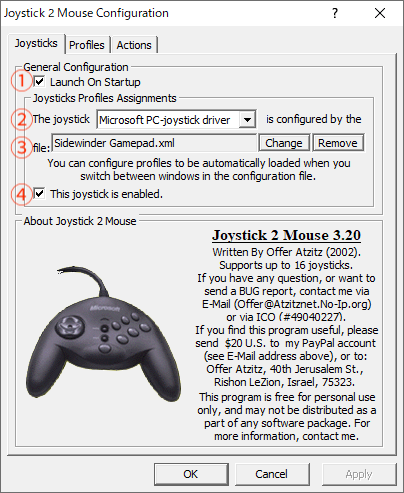 Joystick 2 Mouse Configuration : Joysticks tab
